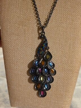 Off Park Collection Multicolor Crystal Articulated Peacock Pendant Necklace 36"